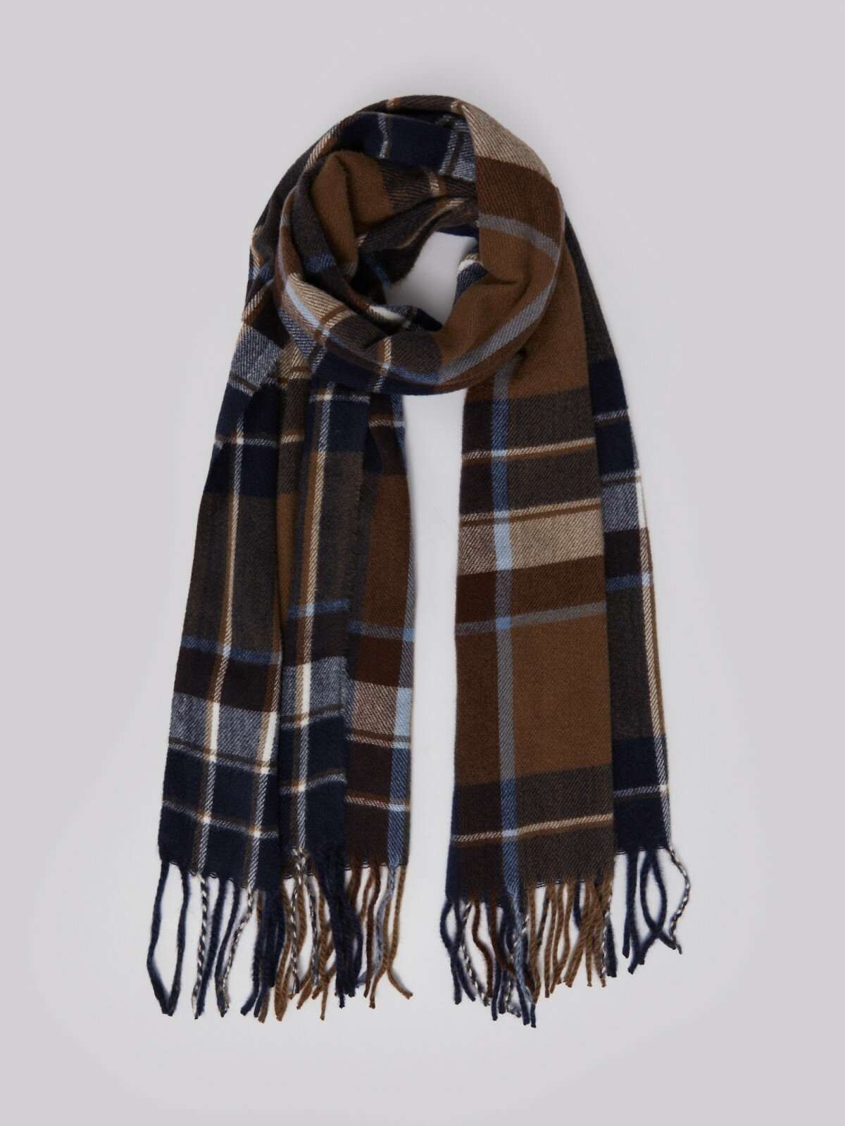 фото Тканевый шарф в клетку с длинной бахромой, цвет коричневый, красно-коричневый, синий, размер No_size 014339159045