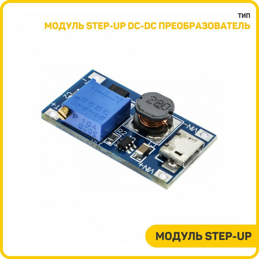 Модуль Step-Up DC-DC преобразователь MT3608 Uвх-2-24 В Uвых-5-28 В Imax-2 А (Micro USB)
