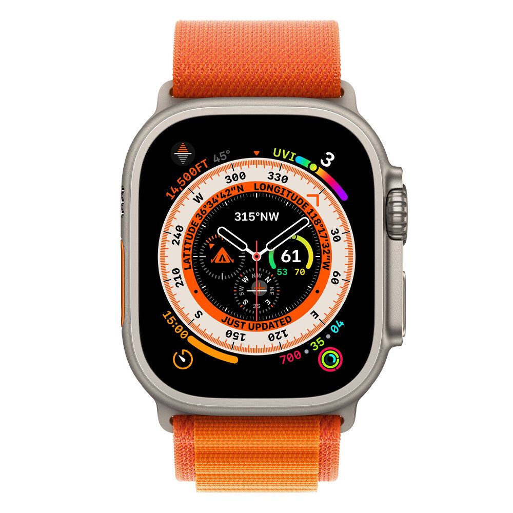 Умные часы Apple Watch Ultra 49 мм Titanium Case, титановый/оранжевый Alpine Loop, S — фото 1