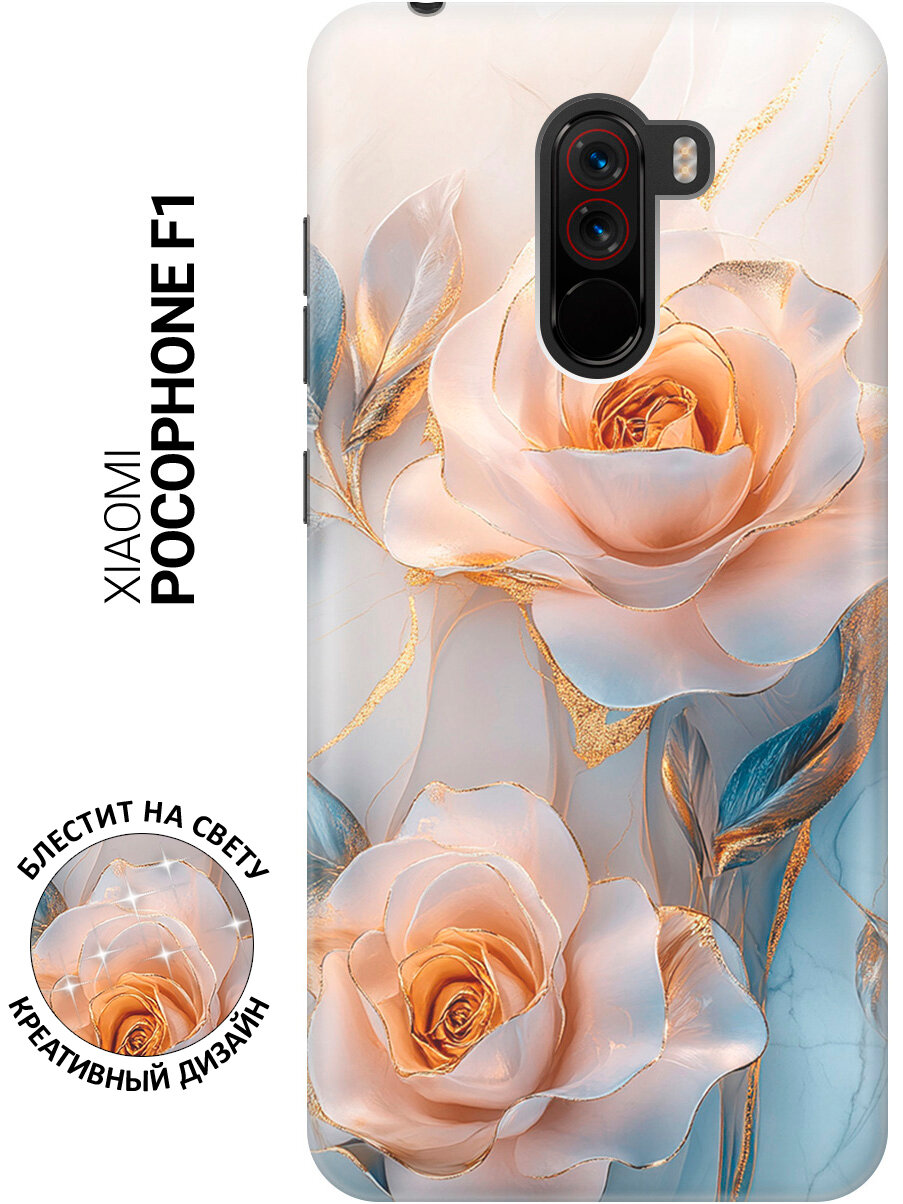 Силиконовый чехол на Xiaomi Pocophone F1 с принтом "Белые розы на мраморе"