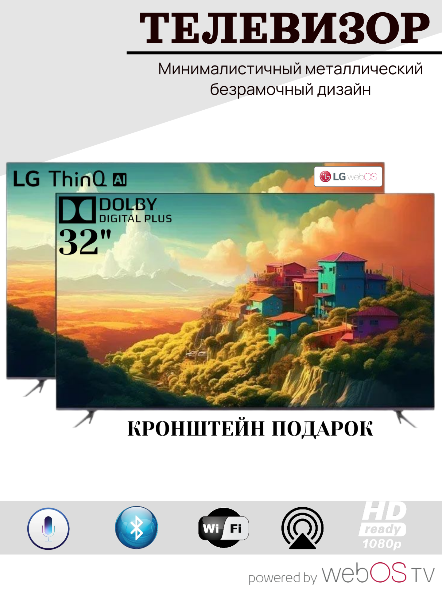 LG Web OS Smart TV - ThinQ AI-32"- LG Magic Remote с голосовым управлением 32" HD, черный