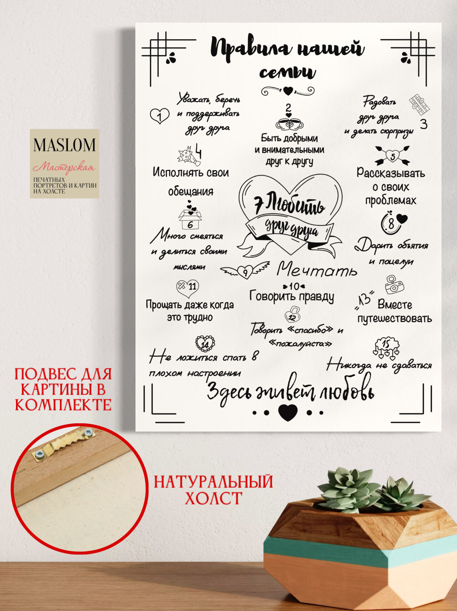 Картина для дома "Правила нашей семьи", на холсте, 30*40 см, А3 формат, белый — фото 1
