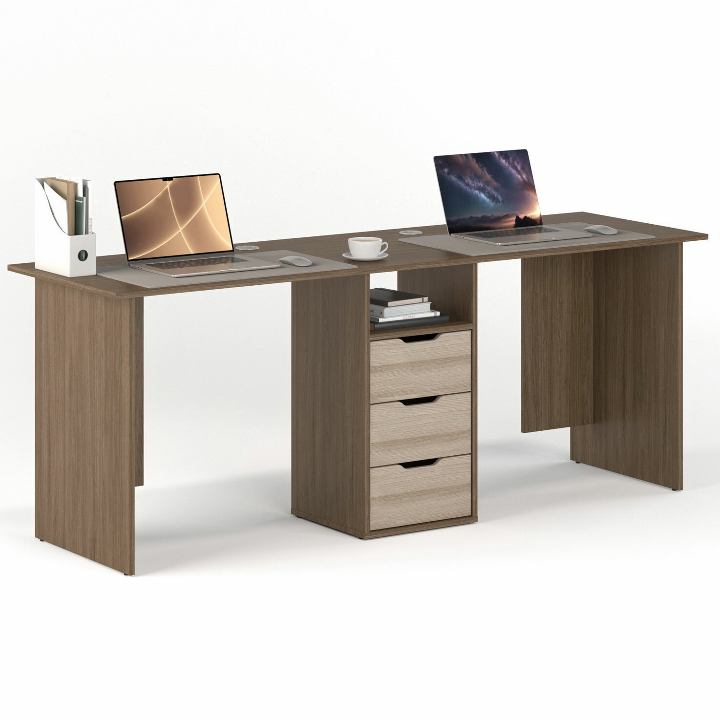 Письменный стол для двоих однотумбовый с 3 ящиками МагМебель 89 ясень тёмный + ясень светлый