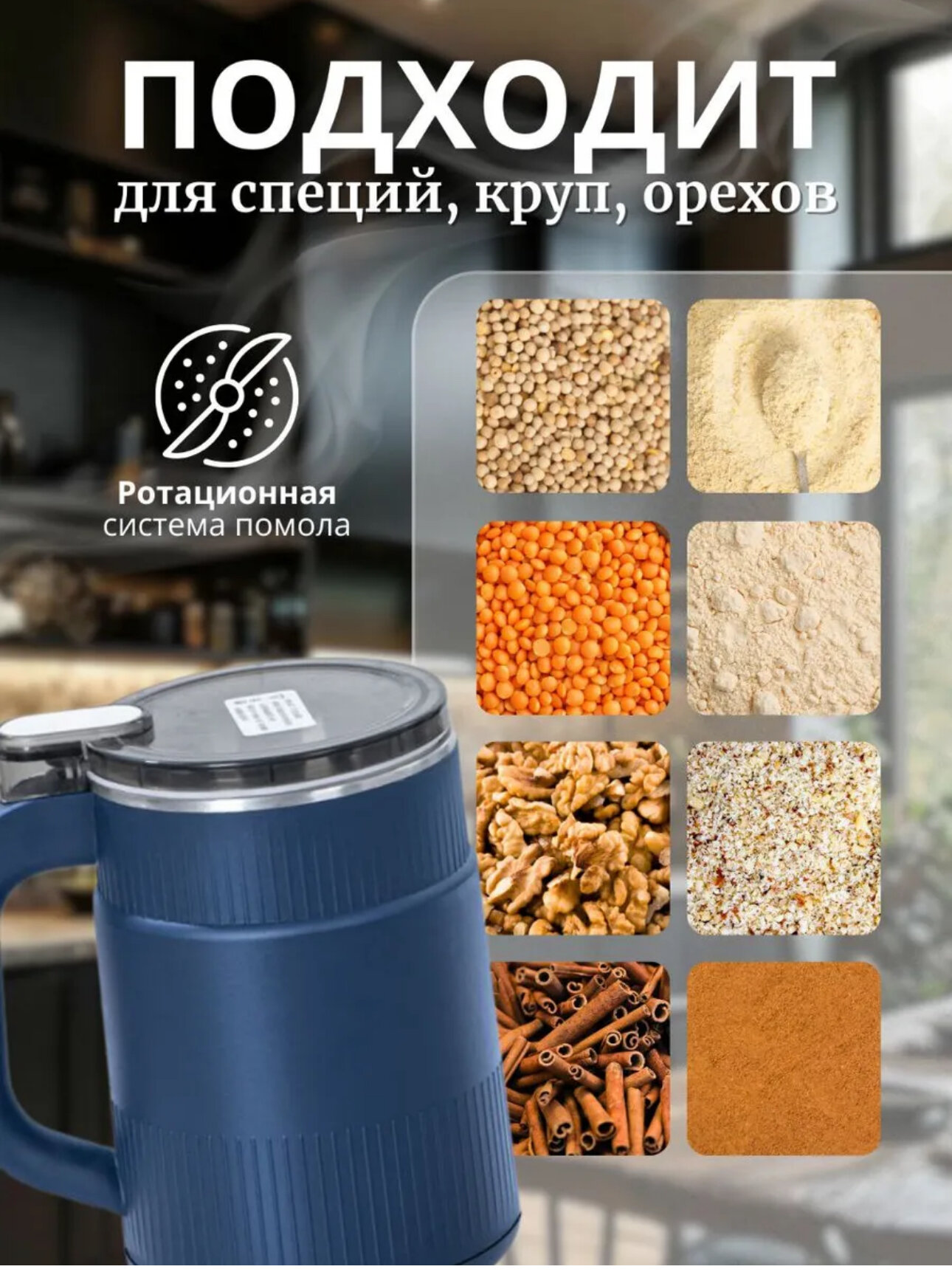 Кофемолка электрическая мощная для кофе и специй, синий — фото 1