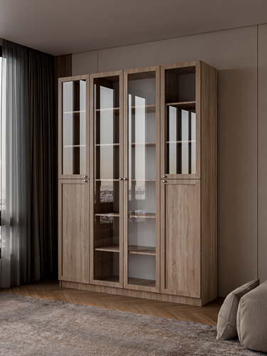 Изображение товара Шкаф книжный Анталия | Корпус ЛДСП Дуб сонома| Фасад рамка Дуб сонома | Ручка кнопка серебро