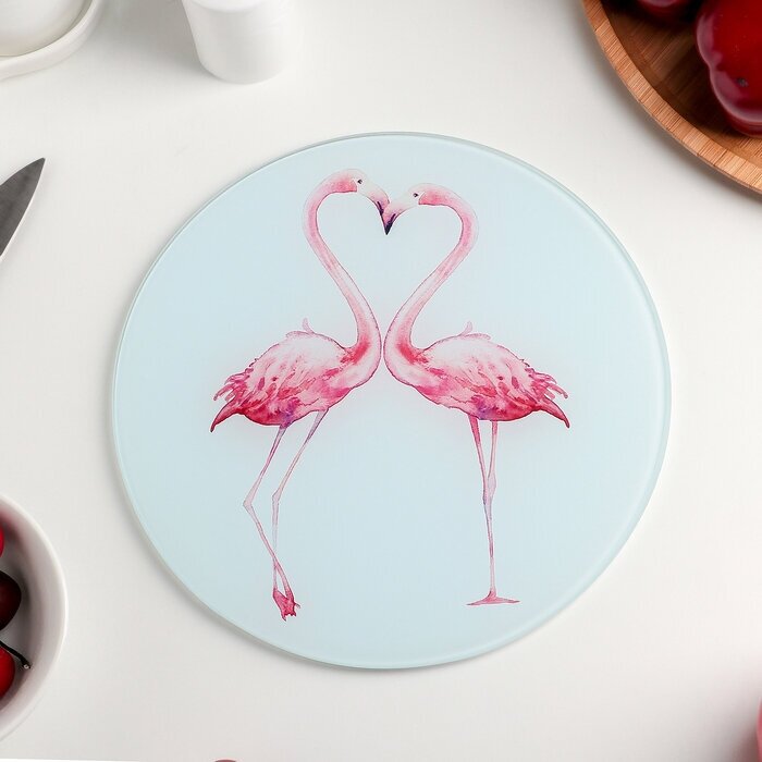 Доска разделочная стеклянная Влюблeнные фламинго, d-20 см
