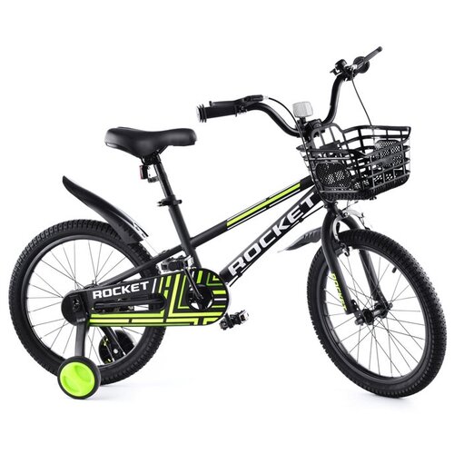 Велосипед детский 2-х колесный 18 с боковыми тренировочными колесами корзиной звонком на рост ребенка 120-140 см 6-9 лет ROCKET цвет черный модель 2023 года R0109 683600₽