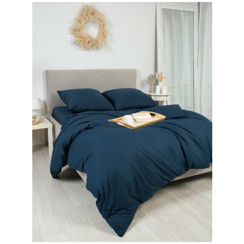 Комплект постельного белья евро с простыней на резинке, пододеяльник и наволочки на молнии, поплин (100% хлопок), Индиго, AVICTORY
