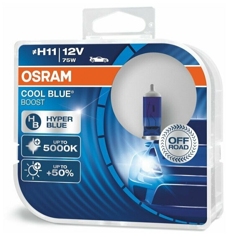 Лампа автомобильная галогеновая H11 Osram Cool Blue Boost 5000K +50% 80W PGJ19-2 12V (комплект 2 шт.) 62211CBBHCB