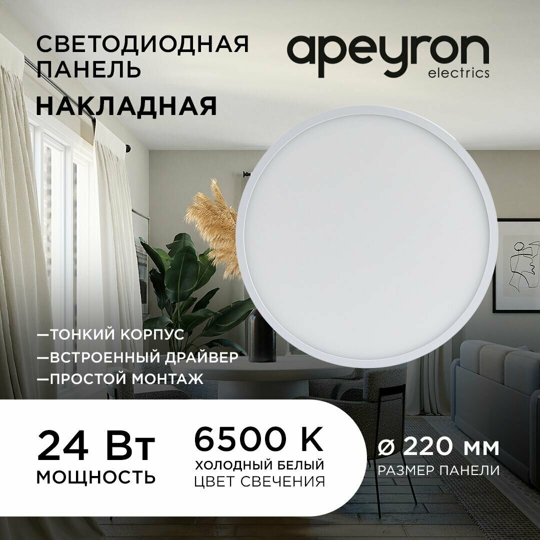 Светодиодная панель Apeyron 06-65 накладная круг 220В, 24Вт, 1920Лм, 220 мм, алюминий, драйвер, 6500K