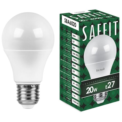 Лампа светодиодная SAFFIT SBA6020 арт. 55014, A60 (шар) 20W E27 4000К (белый) 230V