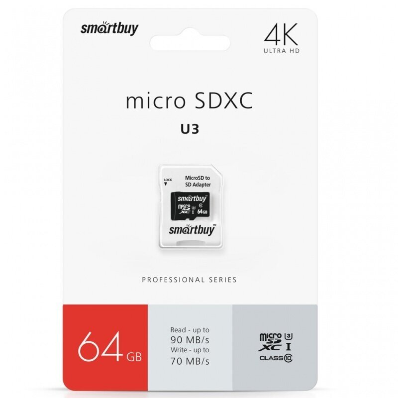 Карта памяти Smartbuy micro SDXC 64Gb Pro UHS-I U3 + ADP (90/70 Mb/s)