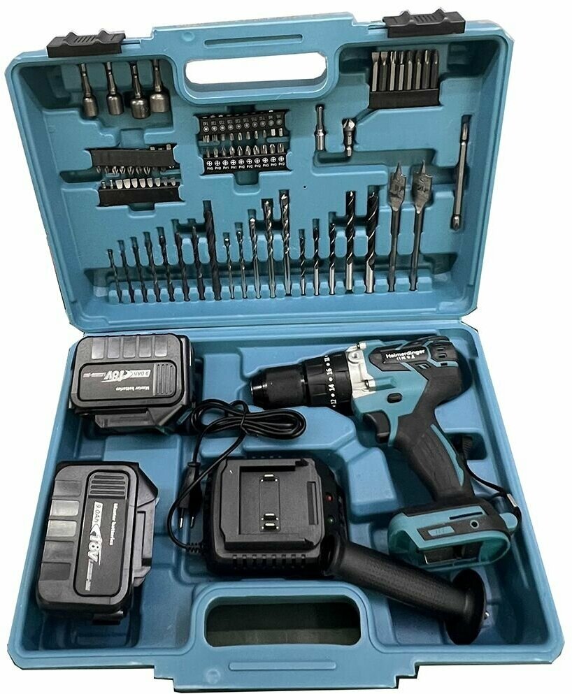 фото Аккумуляторная бесщеточная ударная дрель Heimerdinger 18 В, 13 мм, с насадками и двумя аккумуляторами 9,0 Ач
