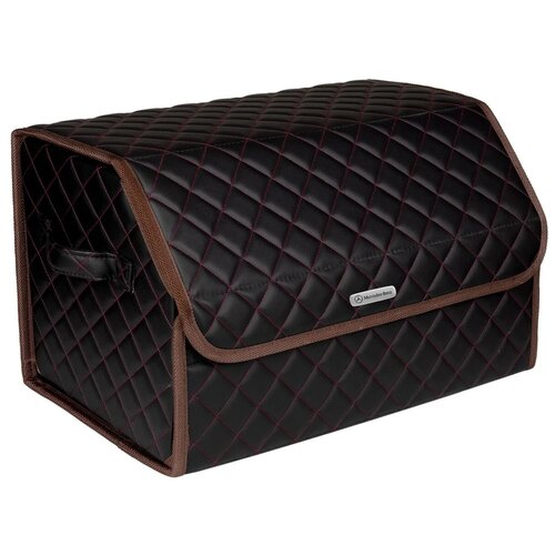 фото Сумка-органайзер в багажник автомобиля из экокожи черная с красной нитью vicecar с логотипом mercedes (коричневый кант)