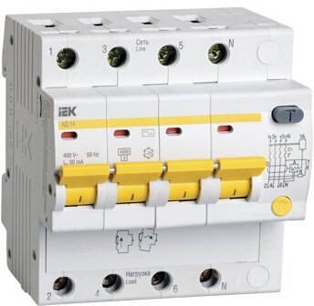 Дифференциальный автоматический выключатель АД14 4 полюса, 10А, Тип AC, х-ка C, 30мА | код. MAD10-4-010-C-030 | IEK (5шт. в упак.)
