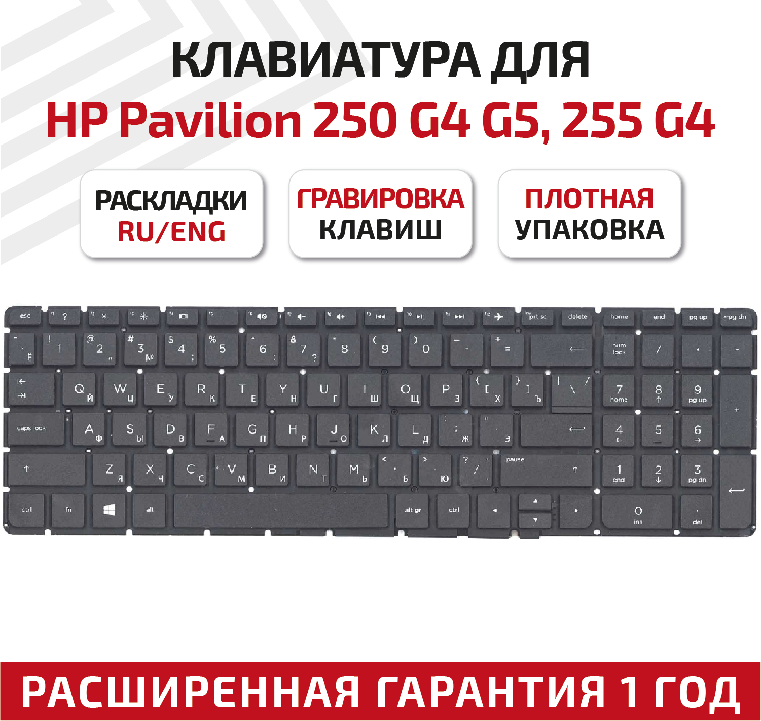 Клавиатура (keyboard) HPM14P1 для ноутбука HP Pavilion 15-ac, 15-ae, 15-af, HP 250 G4, 255 G4, 250 G5, 255 G5, 256 G5, черная без рамки