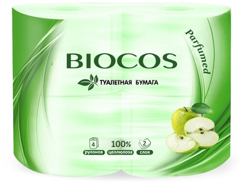Туалетная бумага BioCos Двухслойная с ароматом яблока 4 рул., зеленый