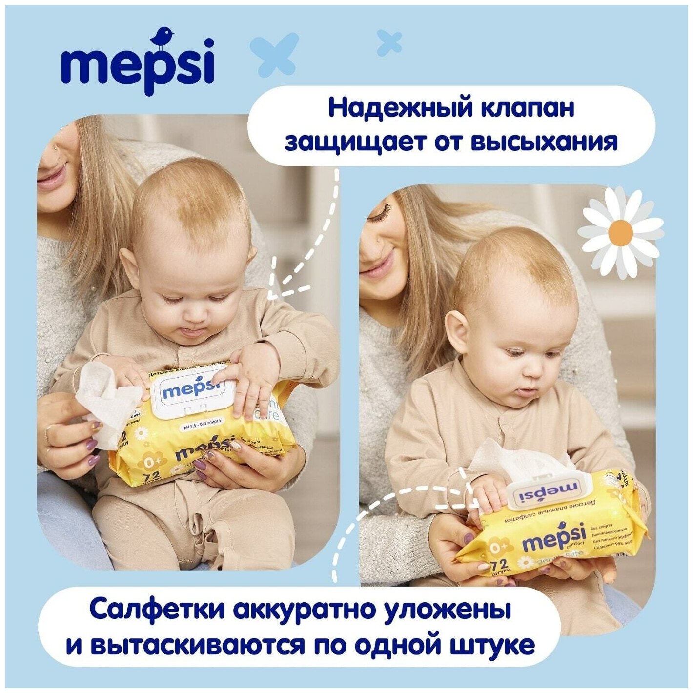 Салфетки влажные Mepsi Gentle Care Ромашка с клапаном детские 72шт - фото №16