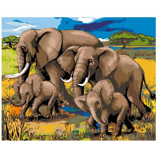 Семья слонов Раскраска по номерам на холсте Живопись по номерам картина по номерам две картинки new world стадо слонов идет по реке