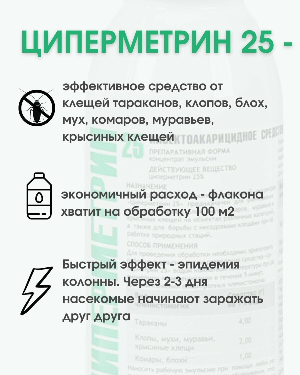 Концентрат Циперметрин 25 от клопов, тараканов, блох, муравьев, комаров, клещей, 100 мл