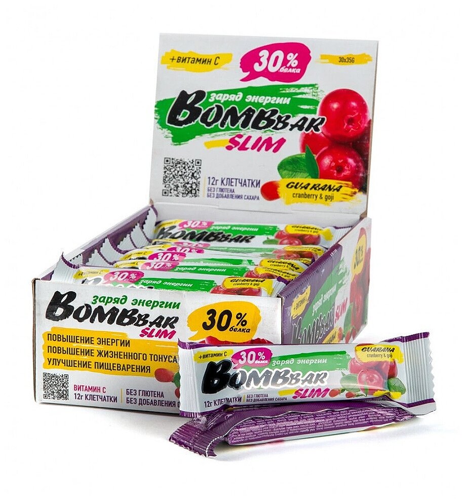 Bombbar, Протеиновый батончик Slim + Vitamin C (35 г)(30 шт.) (клюква-годжи)