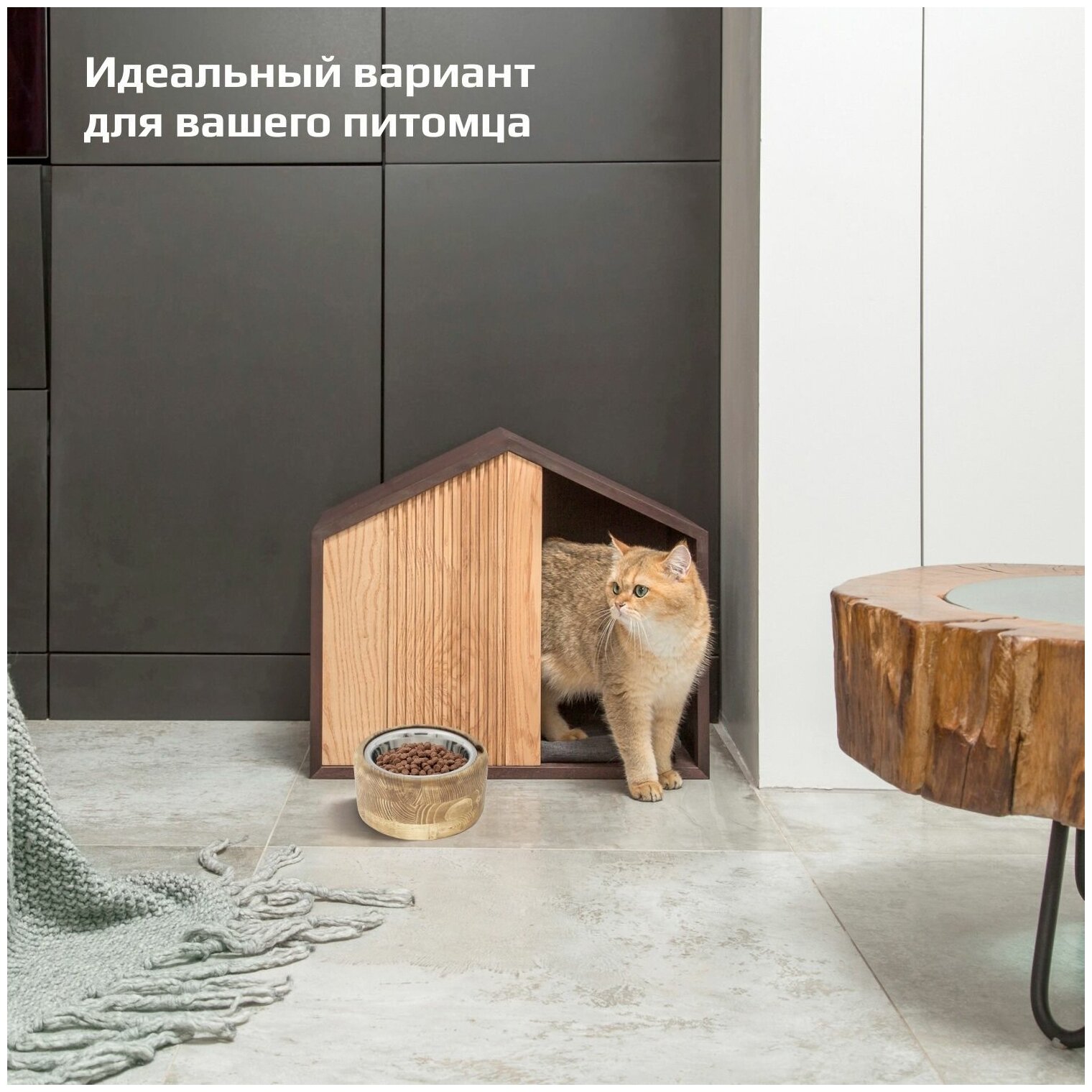 Миска для кошек и собак на подставке. Набор мисок для животных с деревянной подставкой, круглая, цвет сандал - фотография № 10