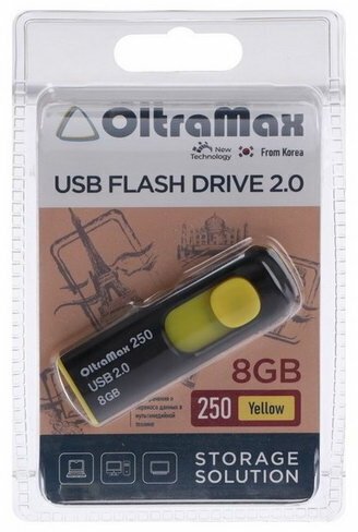 Флешка 250, 8 Гб, USB2.0, чт до 15 Мб/с, зап до 8 Мб/с, жёлтая