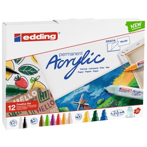 Набор акриловых маркеров Edding Start easy set 12 шт. + набор открыток набор маркеров акриловых edding 5100 металлик 2 3мм 5 цветов 5шт