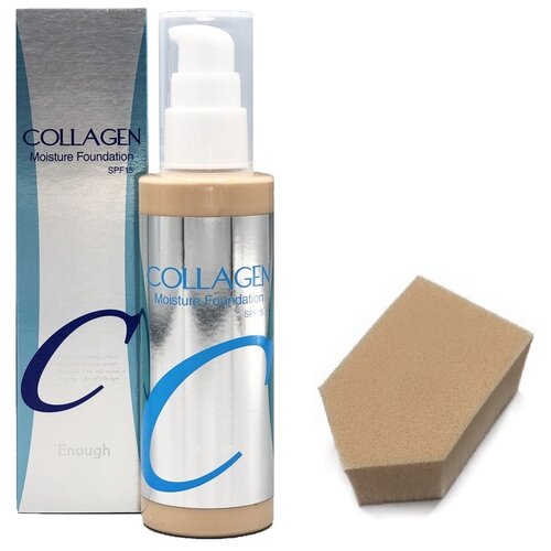 Enough Тональный крем Collagen Moisture Foundation со спонжем, SPF 15, 100 мл/148 г, оттенок: 21, 1 шт. увлажняющий тональный крем с коллагеном enough collagen moisture foundation spf 15 тон 21 100 мл