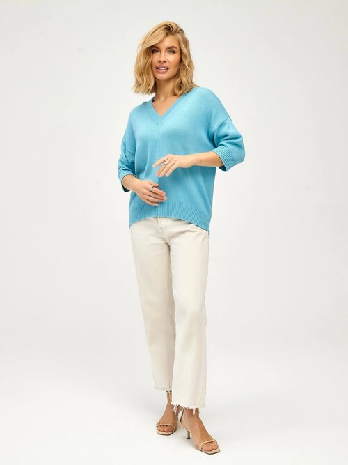 Пуловер VasilisaV cashmere, кашемир, длинный рукав, свободный силуэт, вязаный, трикотаж, размер XS, голубой