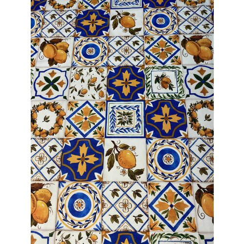 Ткань портьерная для пошива, принт Сицилийский орнамент с лимонами, Sicilian style, ширина 140 см