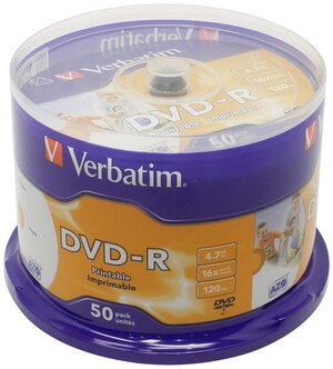 Диск DVD+R Verbatim 4.7 Gb, 16x, Cake Box (50), Printable (50/200).