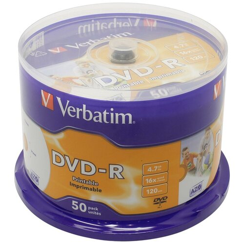 Диск DVD+R Verbatim 4.7 Gb, 16x, Cake Box (50), Printable (50/200).