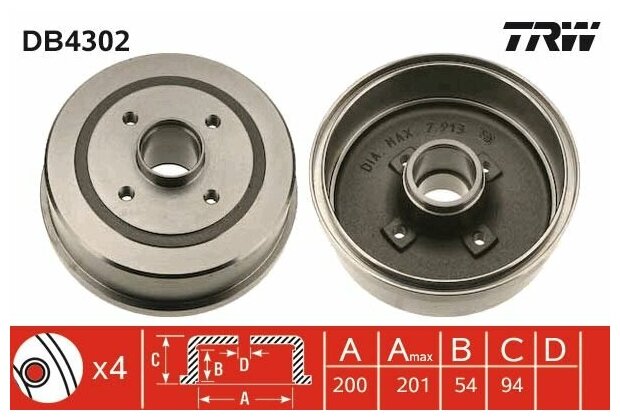 Барабан тормозной opel corsa/tigra 1.0-1.8 00 Trw DB4302