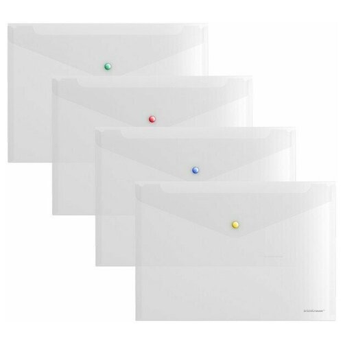 Папка-конверт на кнопке А4, 160 мкм, ErichKrause Glossy Clear, глянцевая, с цветной кнопкой, прозрачная, цвет - микс, 12 шт.