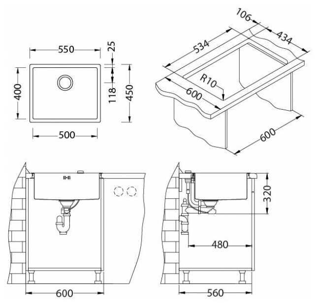 Мойка ALVEUS QUADRIX 50 BRS-90 550X450X200 в комплекте с сифоном - фотография № 13