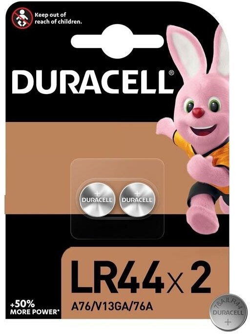 Батарейка алкалиновая Duracell, LR44 (А76, KA76, V13GA)-2BL, 1.5В, блистер, 2 шт.