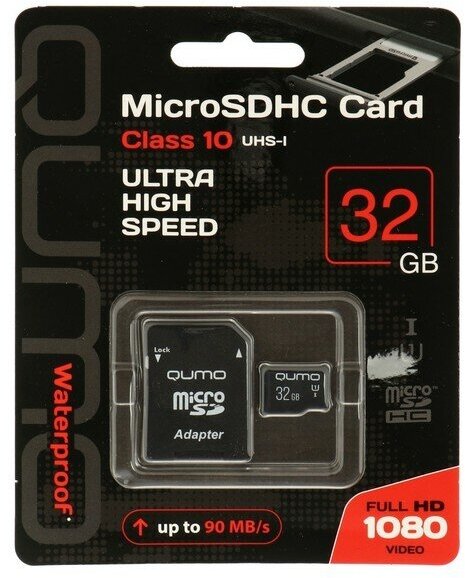 Qumo Карта памяти QUMO MicroSD, 32 Гб, SDHC, UHS-I, класс 10, с адаптером SD