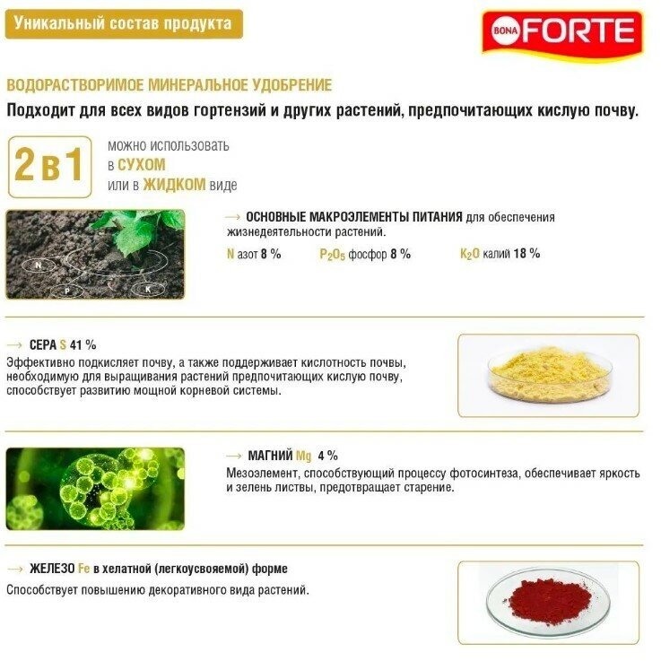 Удобрение для гортензий и кислотолюбивых растений водорастворимое с серой и магнием Bona Forte, 100 г - фотография № 7