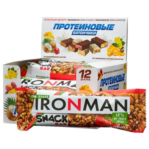 фото Злаковый батончик ironman snack bar в глазури клубника, 40 г, 12 шт