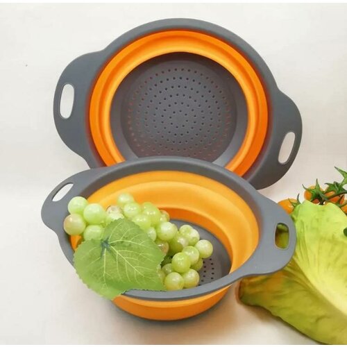 Силиконовый складной дуршлаг 24 л круглый для зелени фруктов и овощей оранжевый 290₽