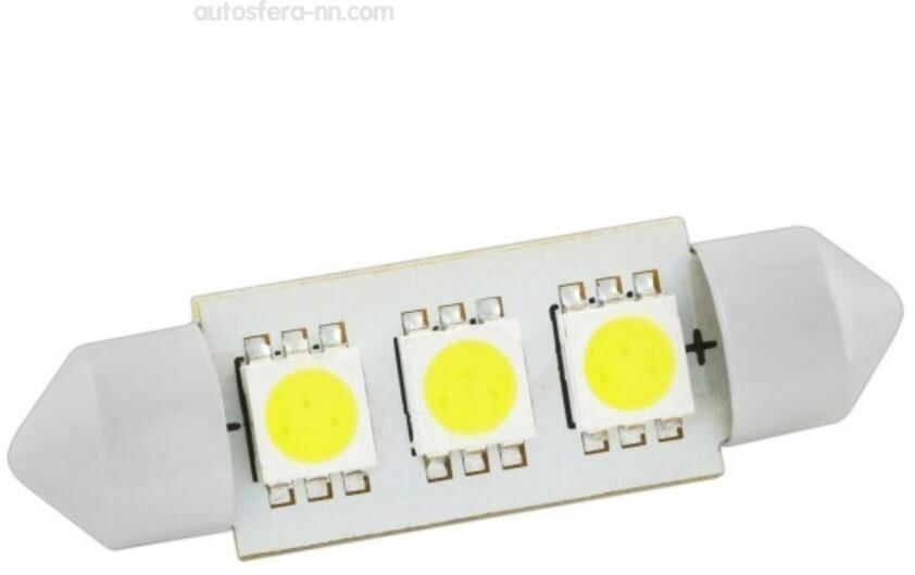 Автолампа диод T11(C5W) 12V 3 SMD диода 1-конт 36мм Белая SKYWAY Cалон номер min10