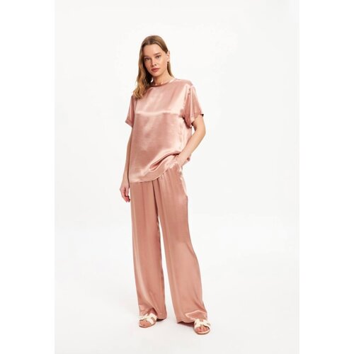 Костюм LUISA WANG, блуза и брюки, восточный стиль, прямой силуэт, пояс на резинке, размер S, бежевый, розовый