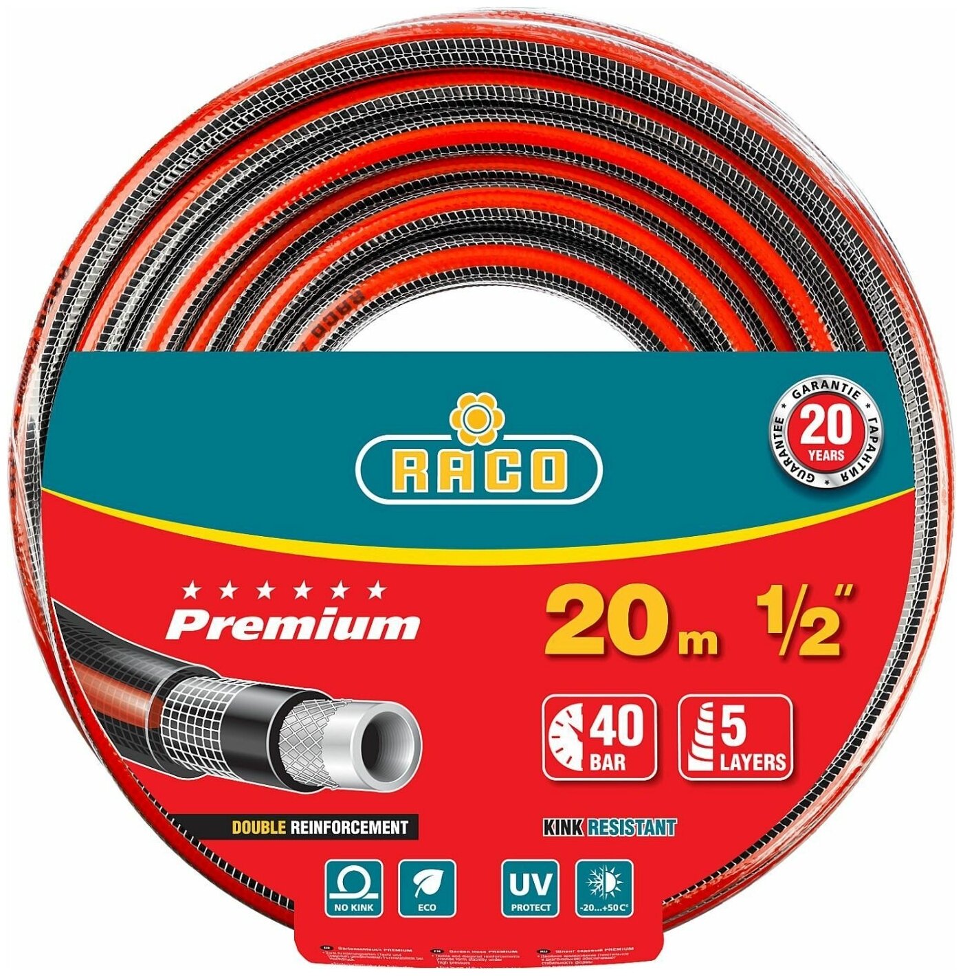 Шланг RACO PREMIUM поливочный, 40атм, армированный, 5-ти слойный, 1/2"х20м 40300-1/2-20_z01