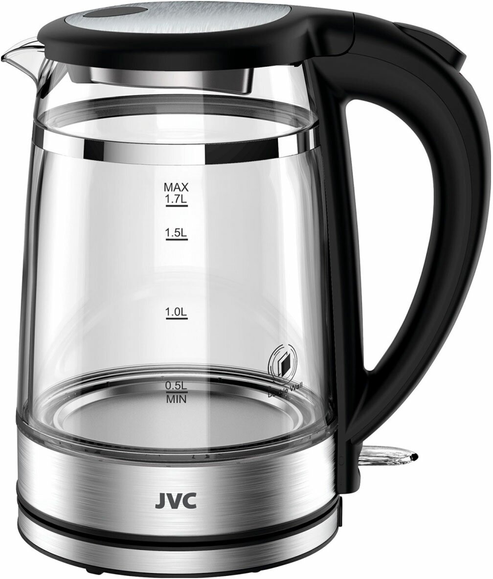 Чайник электрический JVC, JK-KE1815, черный, 1.7 л, 2200 Вт, скрытый нагревательный элемент, стекло - фотография № 1