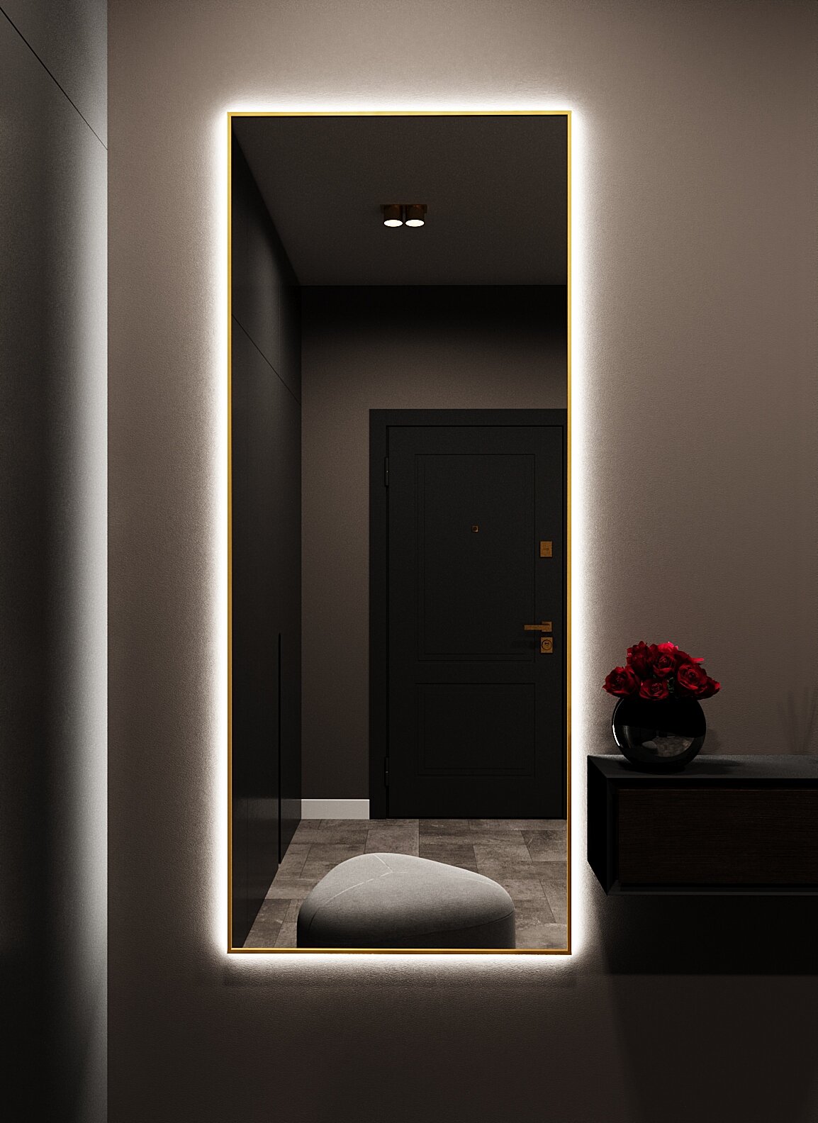 Зеркало с подсветкой в алюминиевой раме настенное ONE MIRROR 160х60см. Свет: Холодный белый 6000К. Золото