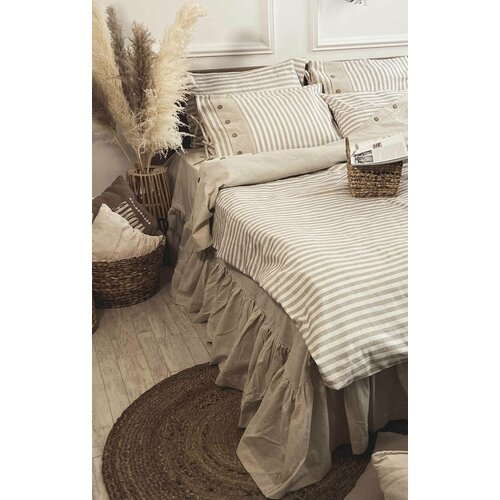 Льняное постельное белье с рюшами Natural stripe, Лен, Евро, наволочки 50x70 (4 шт.)