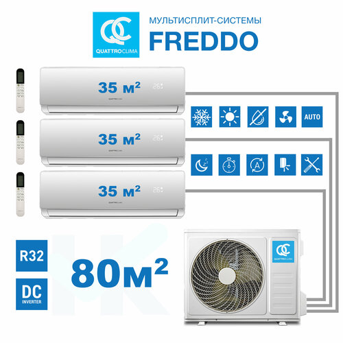 Инверторная мульти сплит-система QuattroClima серии FREDDO на 3 комнаты (35 м2 + 35 м2 + 35 м2) с наружным блоком 80 м2 , Попеременная работа