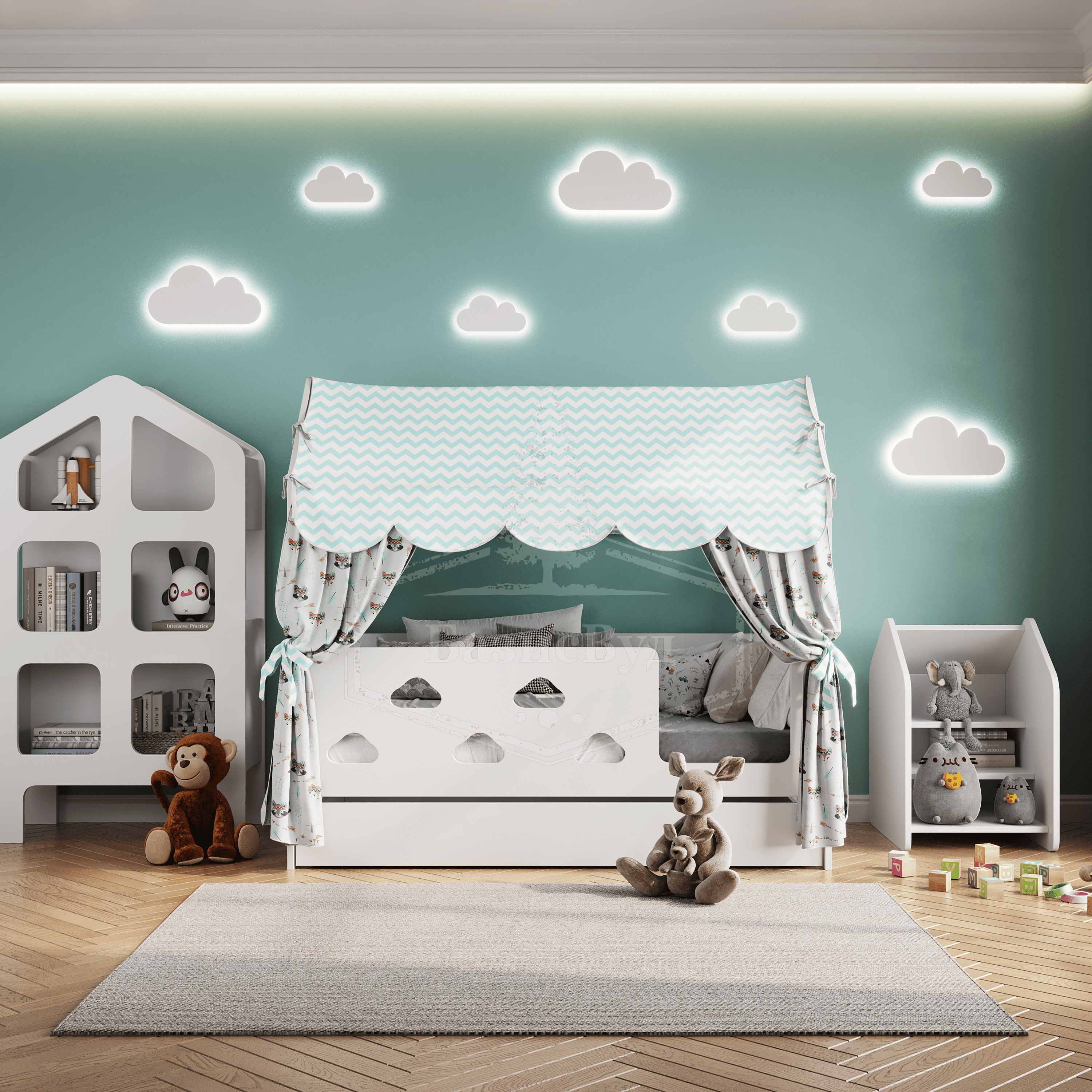 Детская кроватка домик "Облачка" с текстилем и ящиком" (светлый, со зверятами, вход справа)