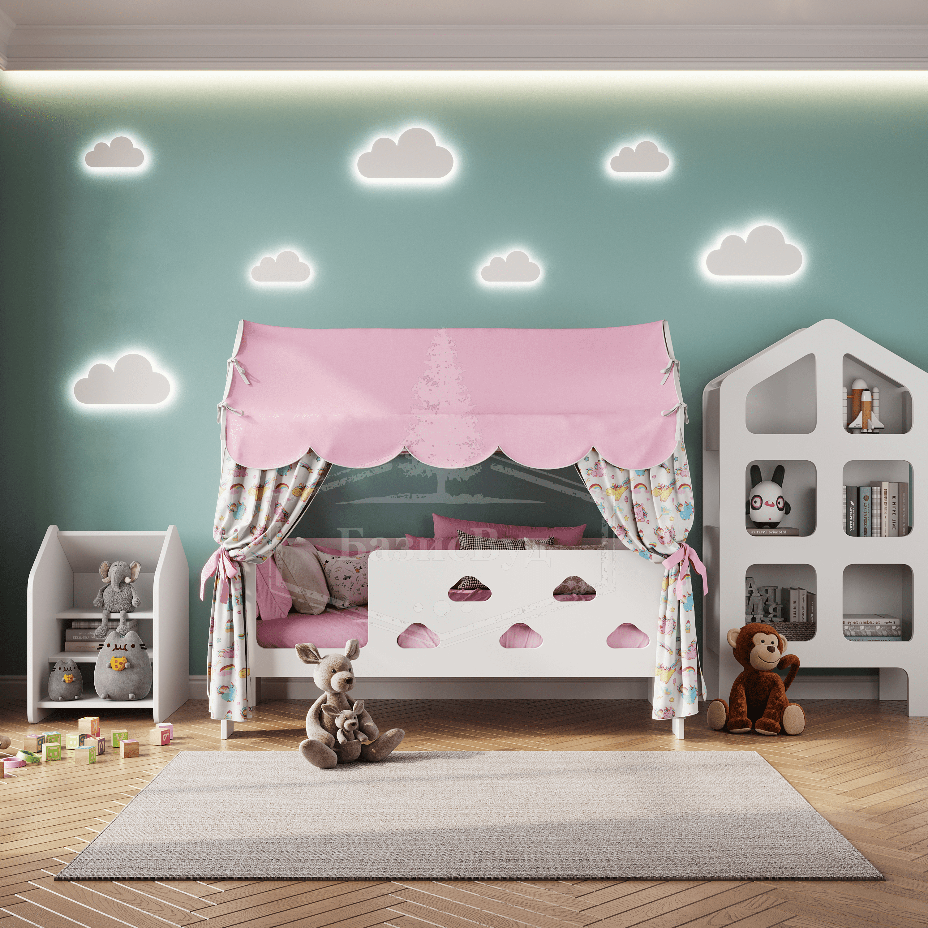 фото Кровать детская домик "Облачка" с текстилем (розовый, с единорогами, вход слева)